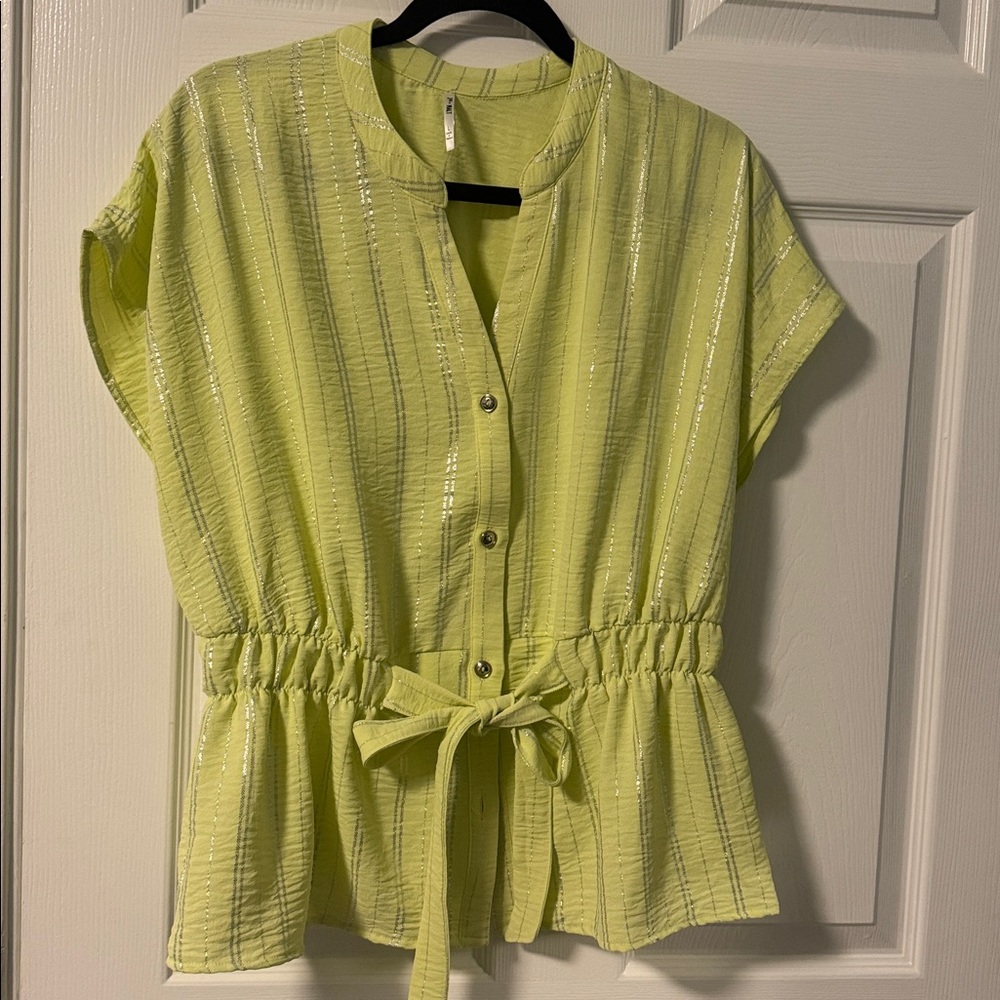 Lime Green Button-Up Blouse with Tie Waist